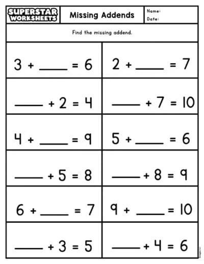 Missing Addend Worksheets - Superstar Worksheets