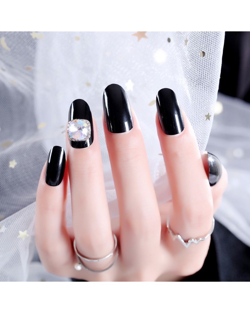 Black nail polish selfadhesive with zircon wearable removable black solid false nails Super X