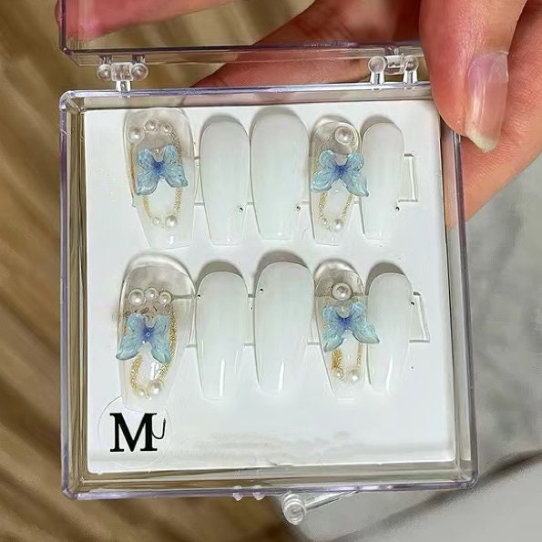 Milky White and Blue Butterfly Press On Nails/ Blue 3D Butterfly Nails