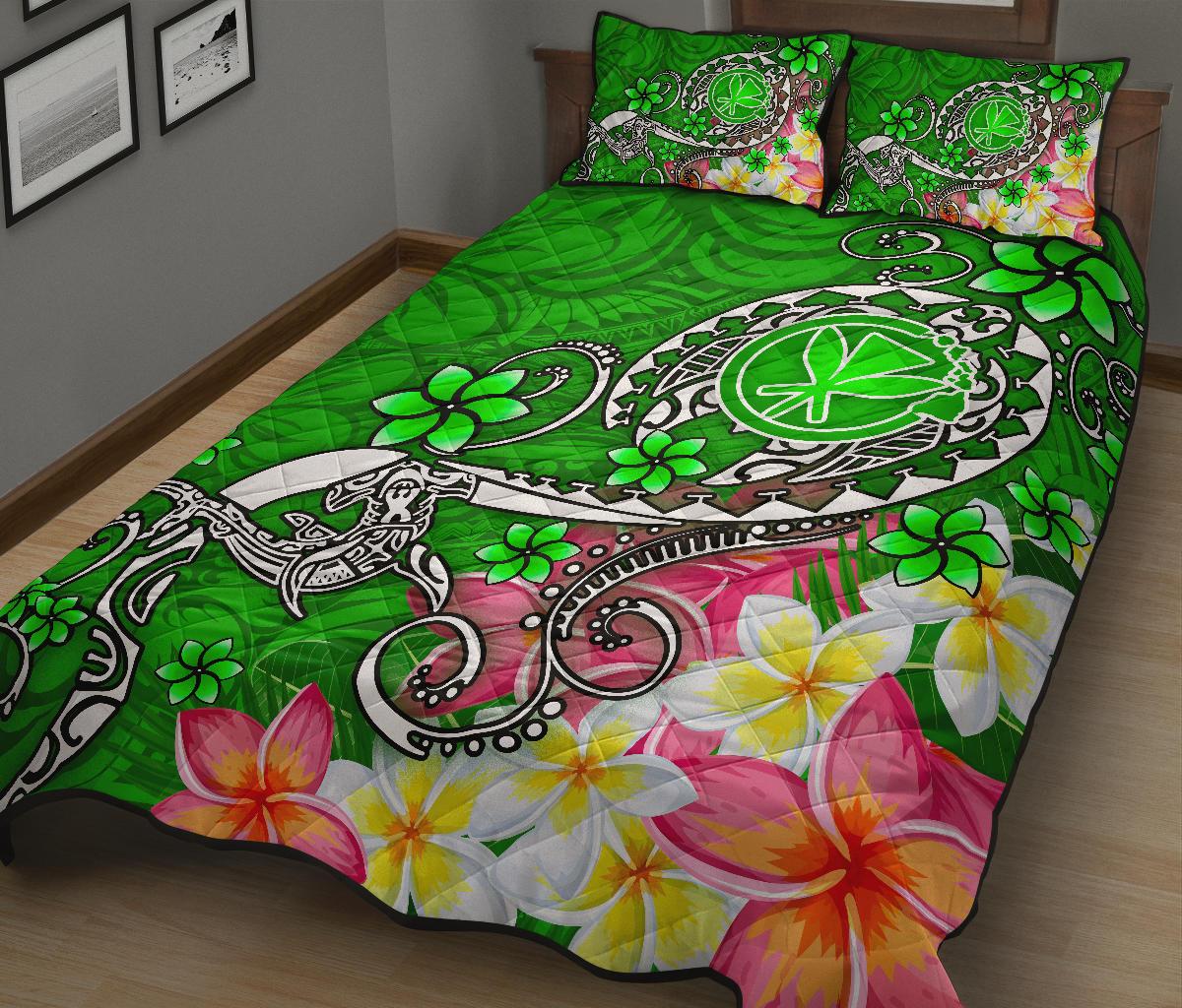Hawaii Quilt Bed Set Turtle Plumeria Polynesian Tattoo Green Color