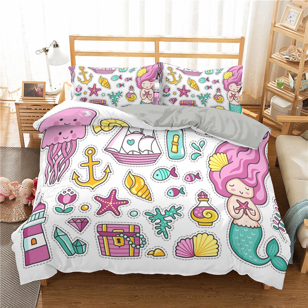 Cotton Duvet Cover Set Mermaid Bedding Set Ocean World Bedspread With