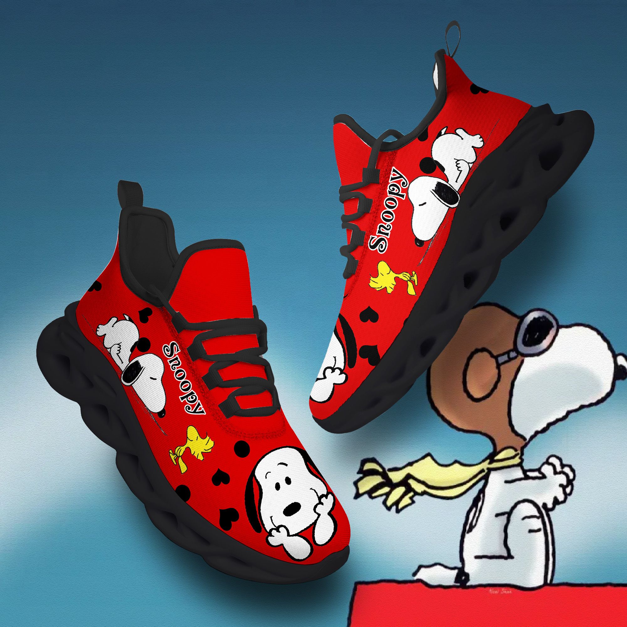 Snoopy & Woodstock Red Clunky Shoes, Running Sneakers For Snoopy Lovers