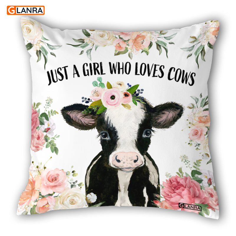 Just A Girl Who Loves Cows Pillow, Baby Cow With Flower Pillow, Cute