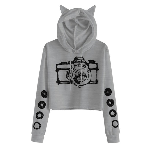 Camera Cat Ear Crop Hoodie EmprintsTOP