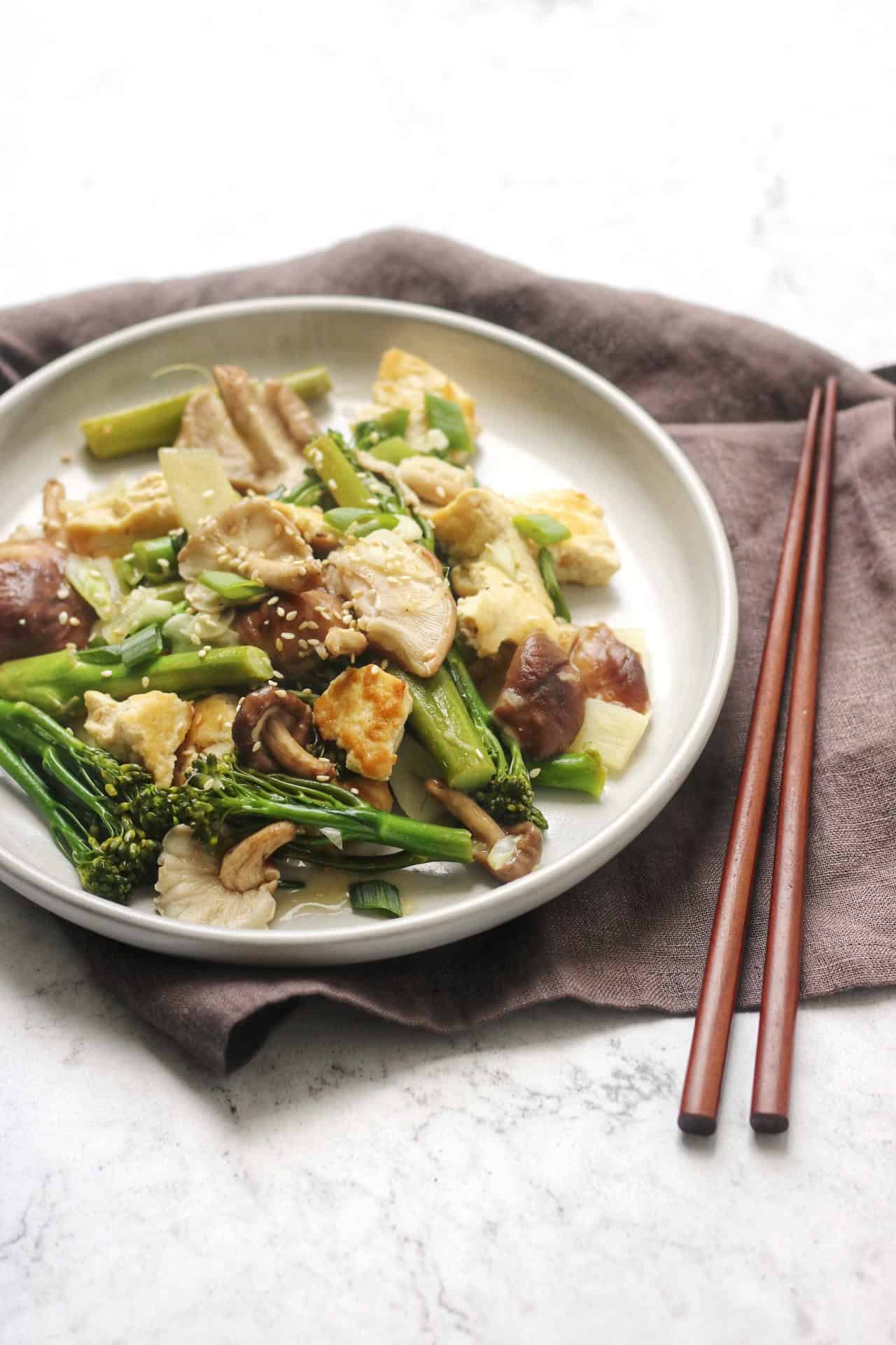 Tofu Broccoli and Chinese Mushrooms in garlic sauce
