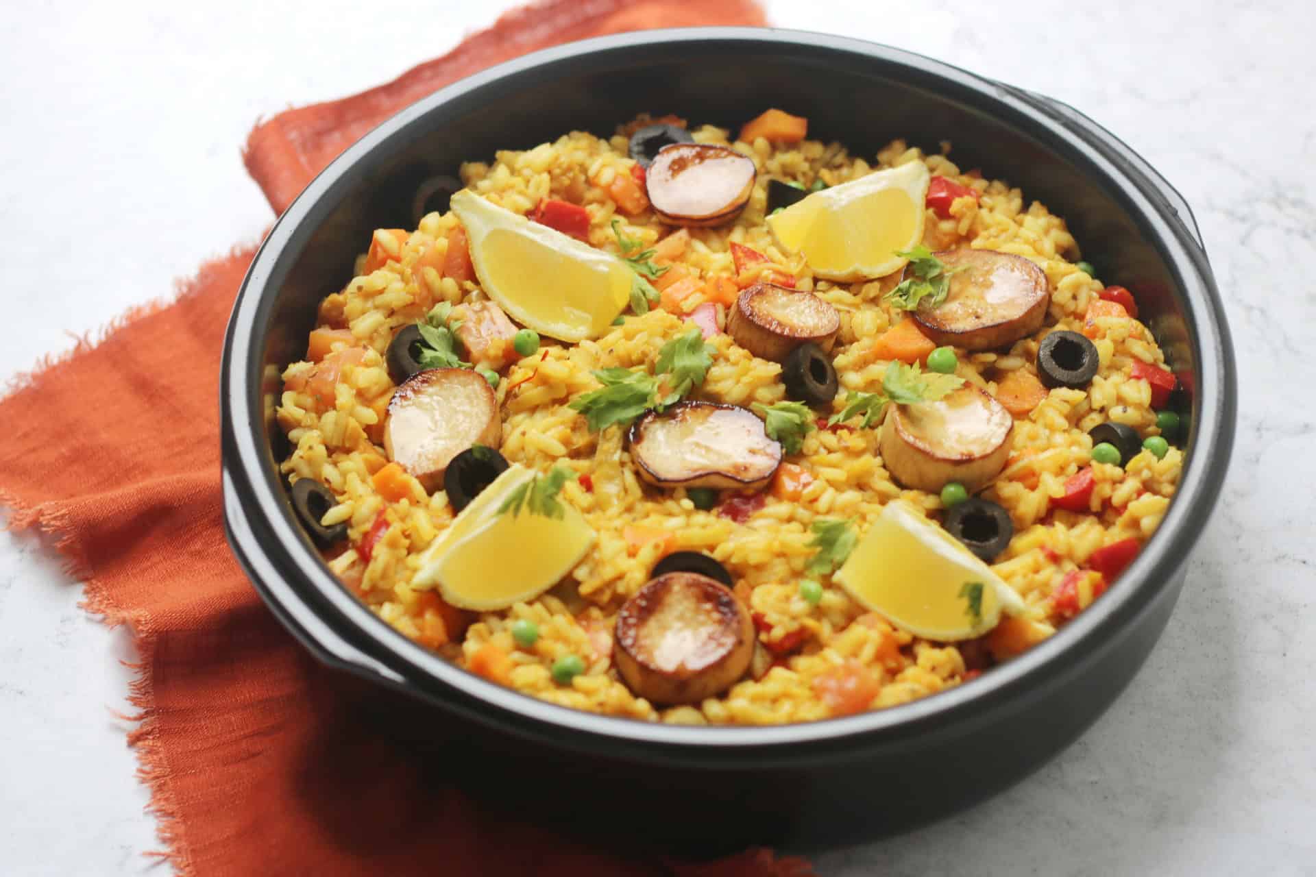Vegan Seafood Paella with king oyster mushroom "scallops" Supper in the Suburbs