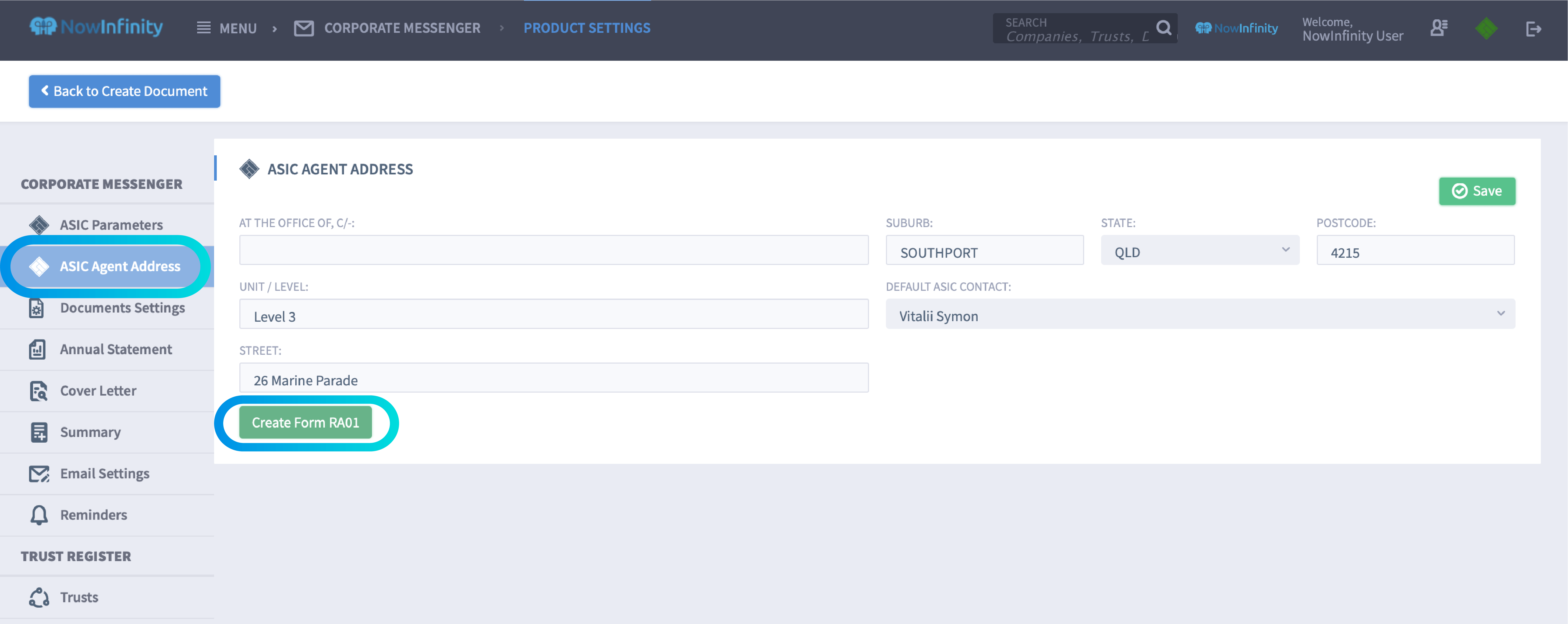 How to update an agent's details with ASIC NowInfinity