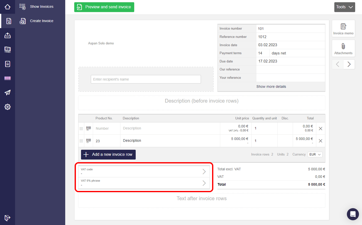 VAT code Procountor Solo