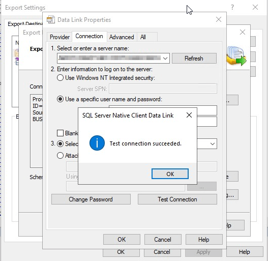 Test connection to the database succeeds in Data Link Properties but