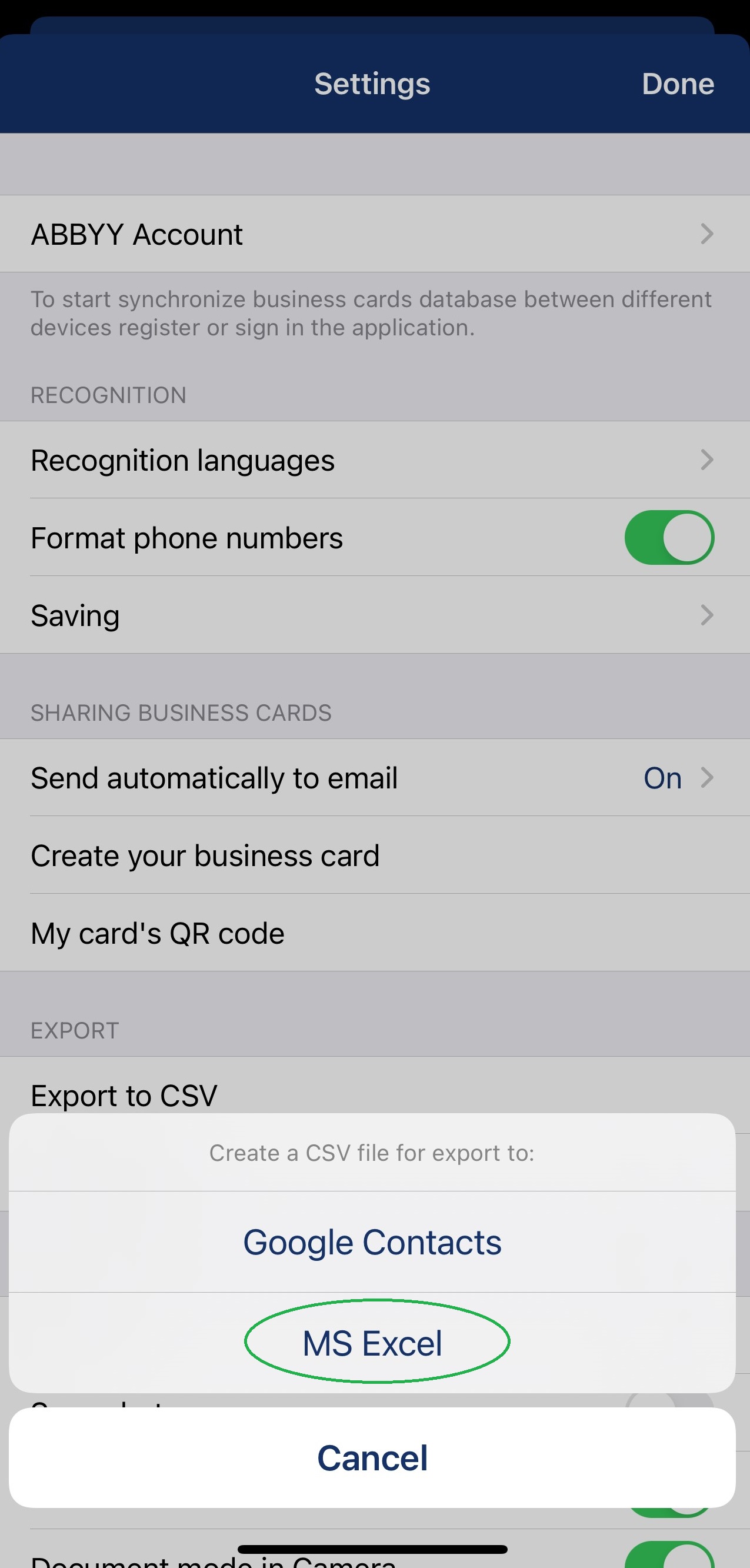 Exporting business cards database to CSV from BCR for iOS Help Center