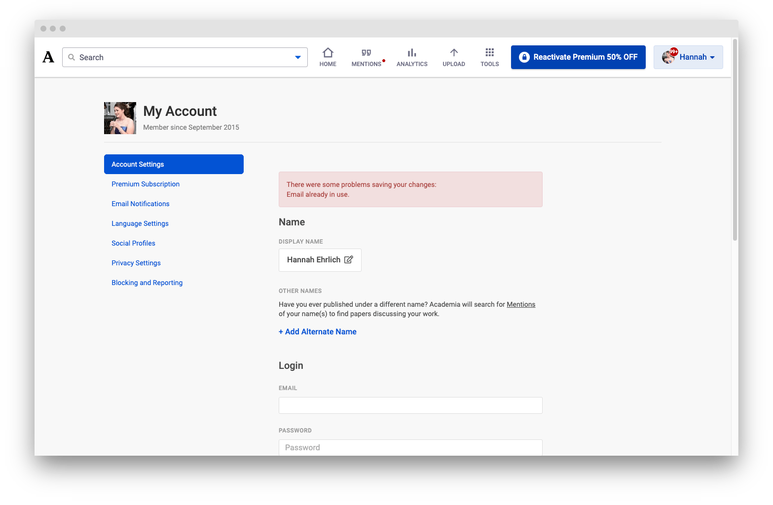 Can't Change Email Address Academia Support