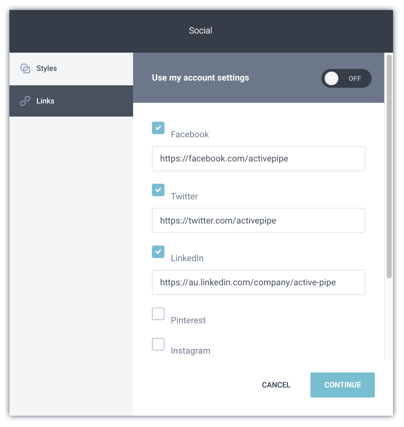 How do I update my social media links? ActivePipe