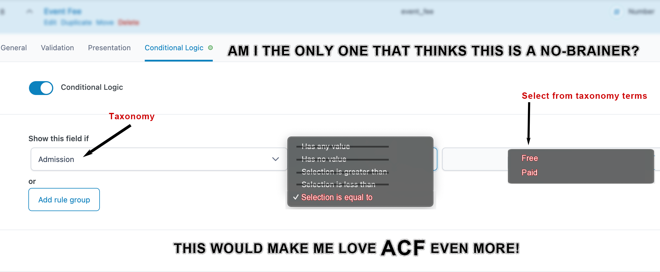 Taxonomy Terms in Conditional Logic ACF Support