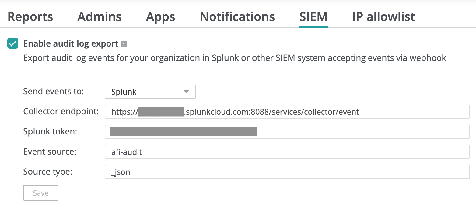 Audit log export to Splunk/SIEM systems Afi Backup