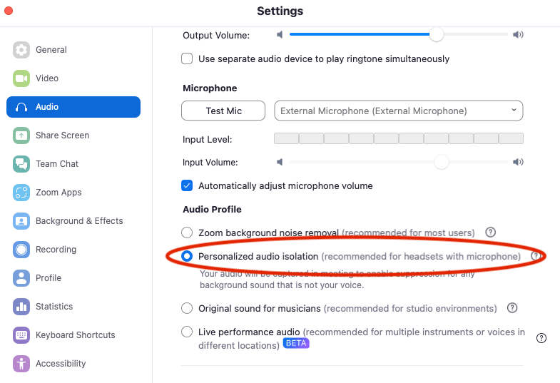 audio settings for Zoom Boostlingo AI Pro