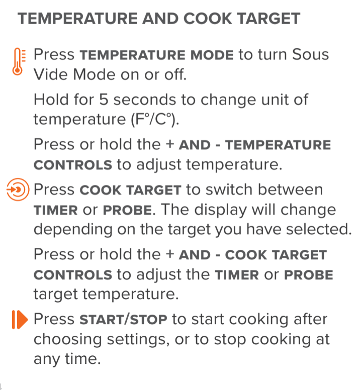 Temperature settings (F/C) and Cook Target Anova Support Anova Culinary (US)