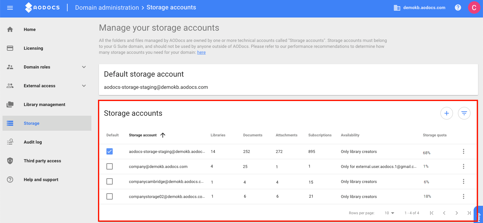 Manage storage accounts AODocs Knowledge Base