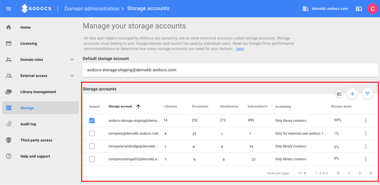 Manage storage accounts AODocs Knowledge Base
