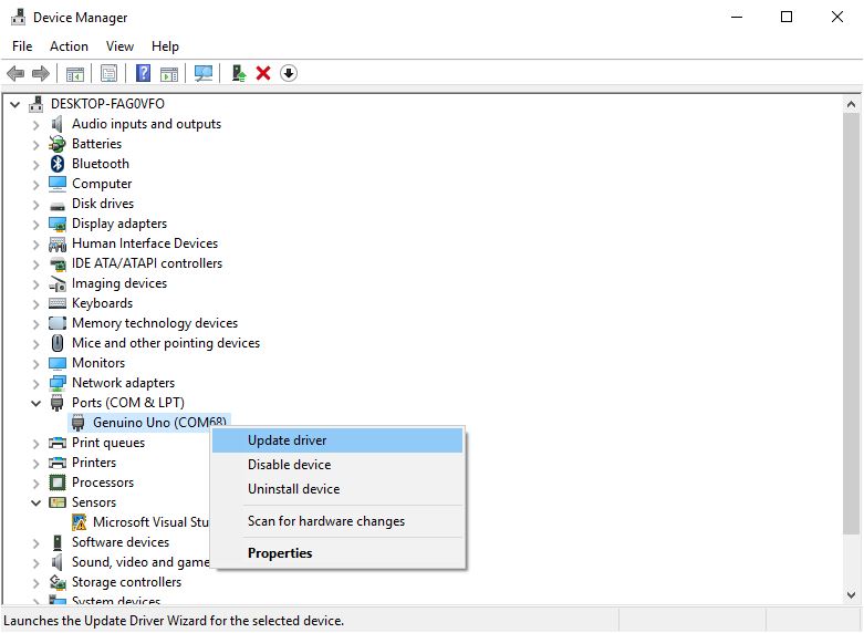 Windows Device Manager shows a 'warning sign' under my device Arduino