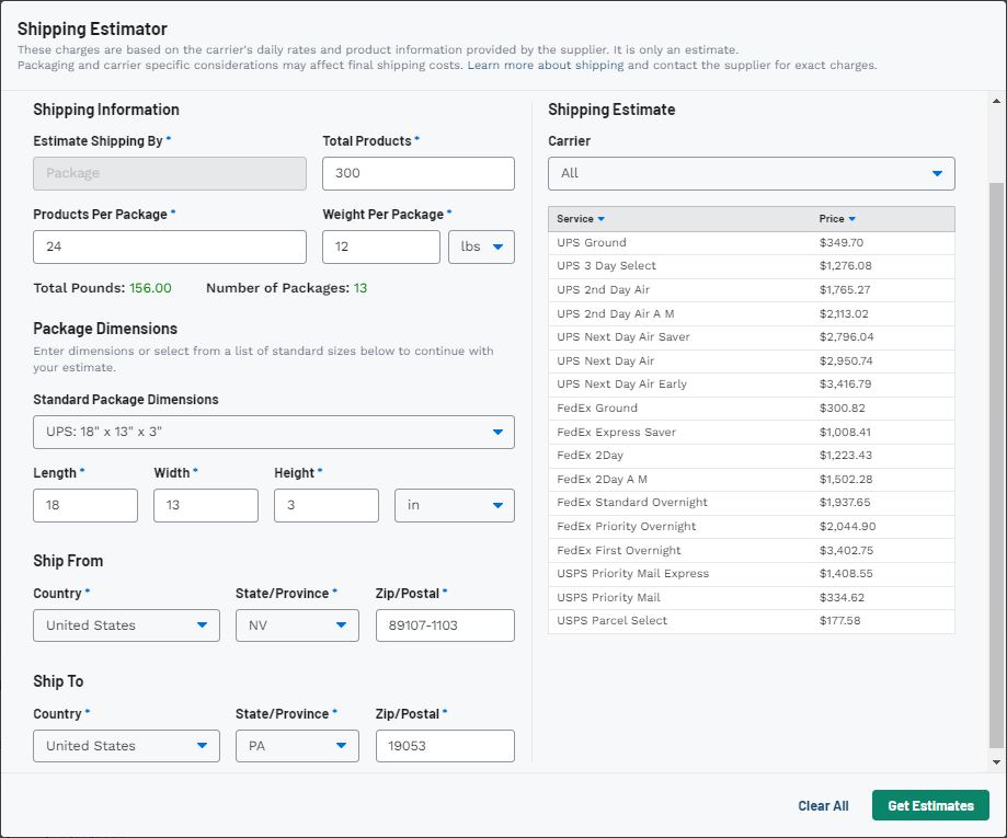 Shipping Estimator Knowledgebase / Working with Products ESP+