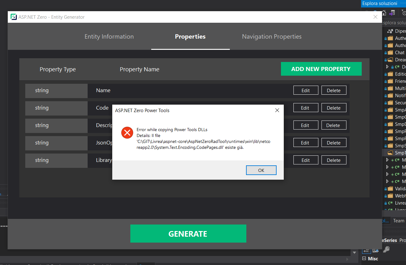 RadTools DLL Error during Entity generation 10073 Zero Support