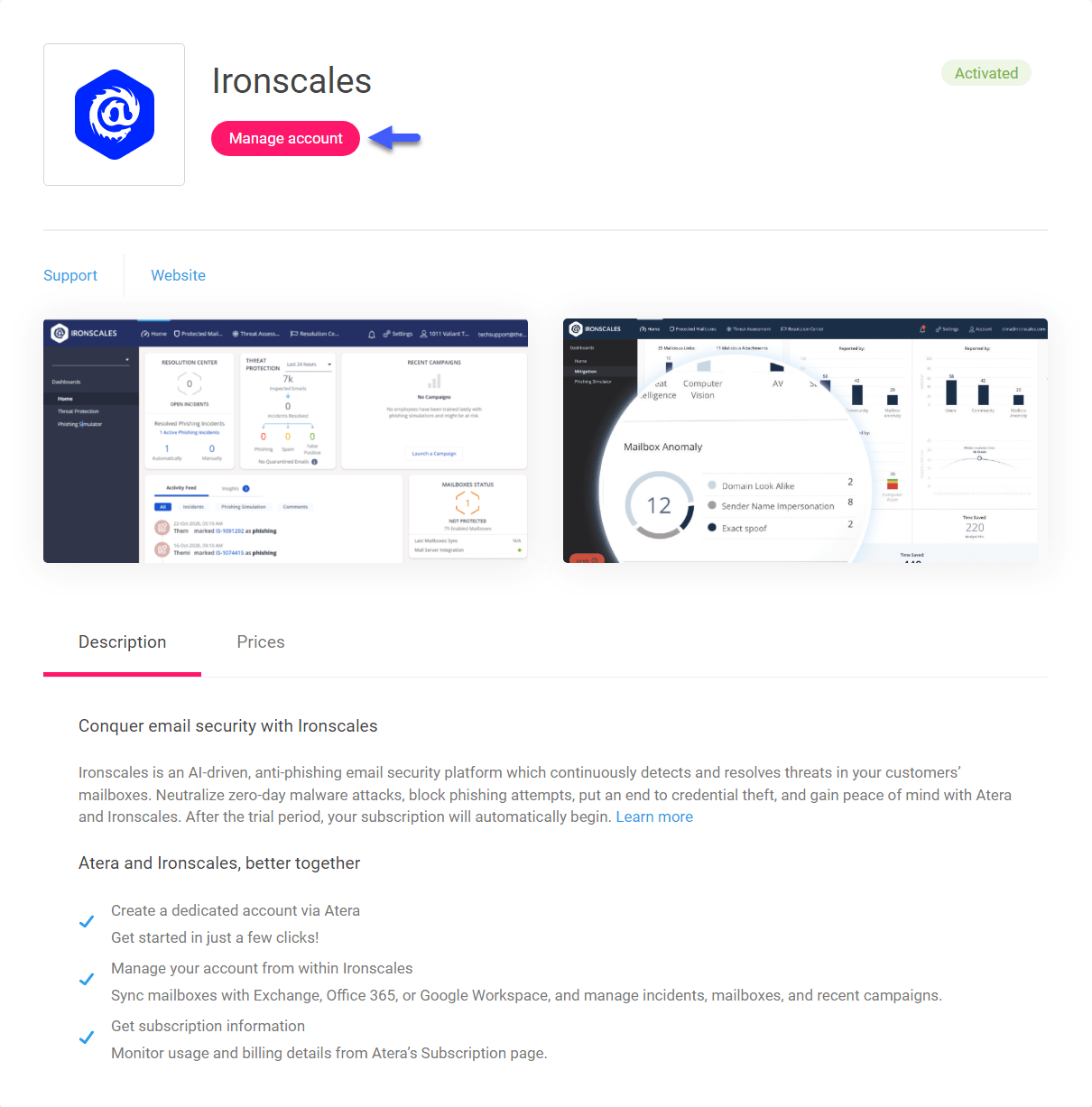 Atera and Ironscales Atera Support