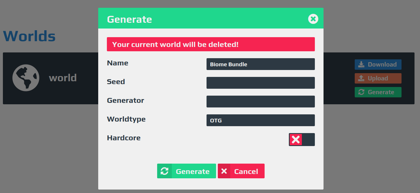 Generate an OpenTerrainGenerator world Aternos