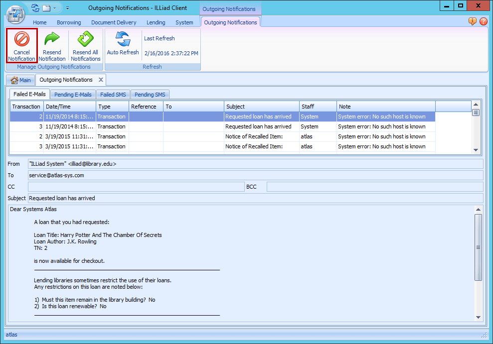 Outgoing Notifications Log Atlas Systems