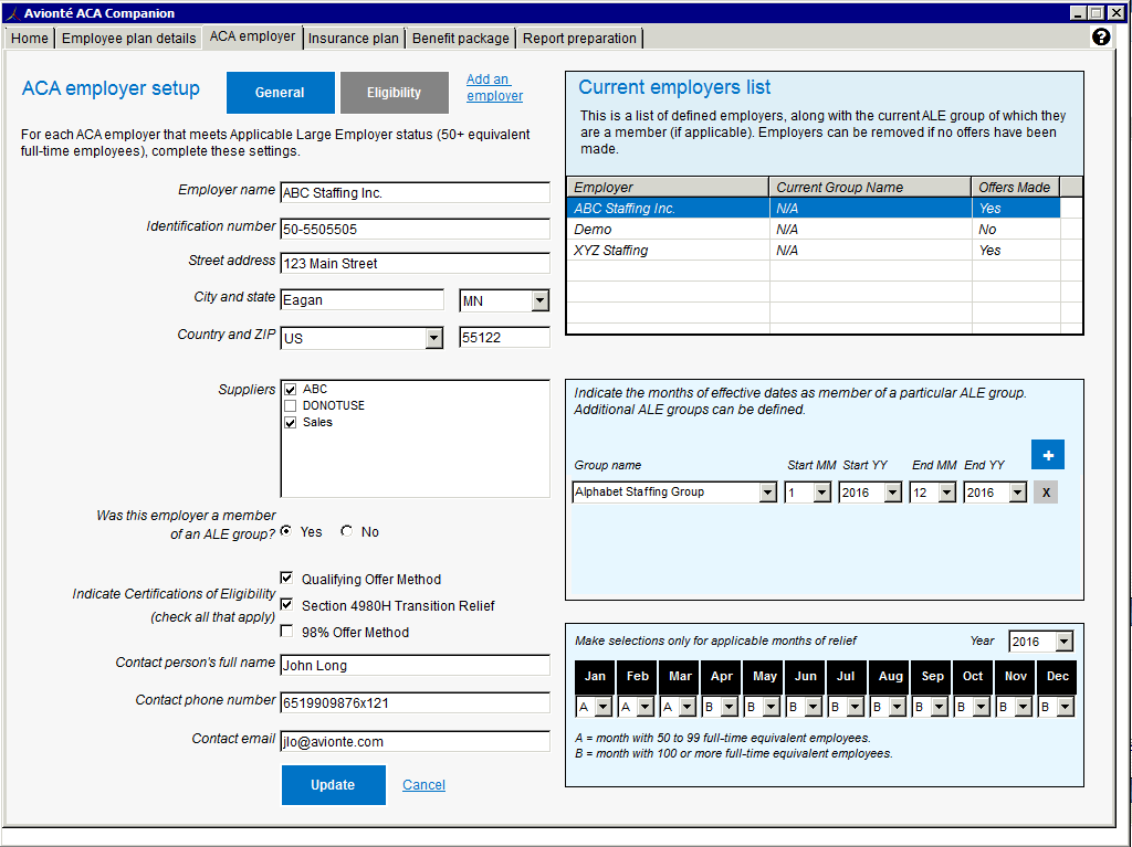 ACA Companion Application ACA Employer Tab Support Center