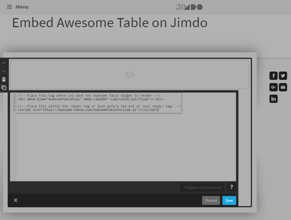 Embed Awesome Table in Jimdo Documentation — Awesome Table Support