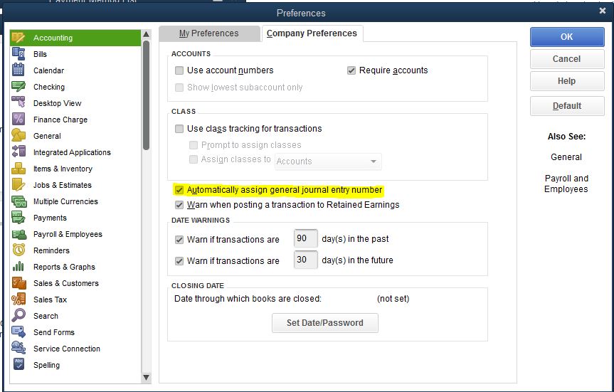 QuickBooks Desktop How to turn off automatic journal entry numbering