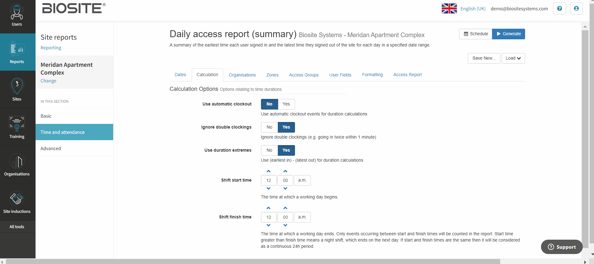 Reports setting up time & attendance reports for specific times