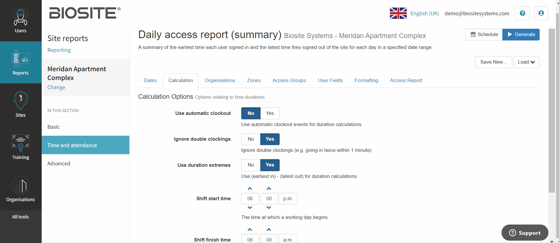 Reports setting up time & attendance reports for specific times