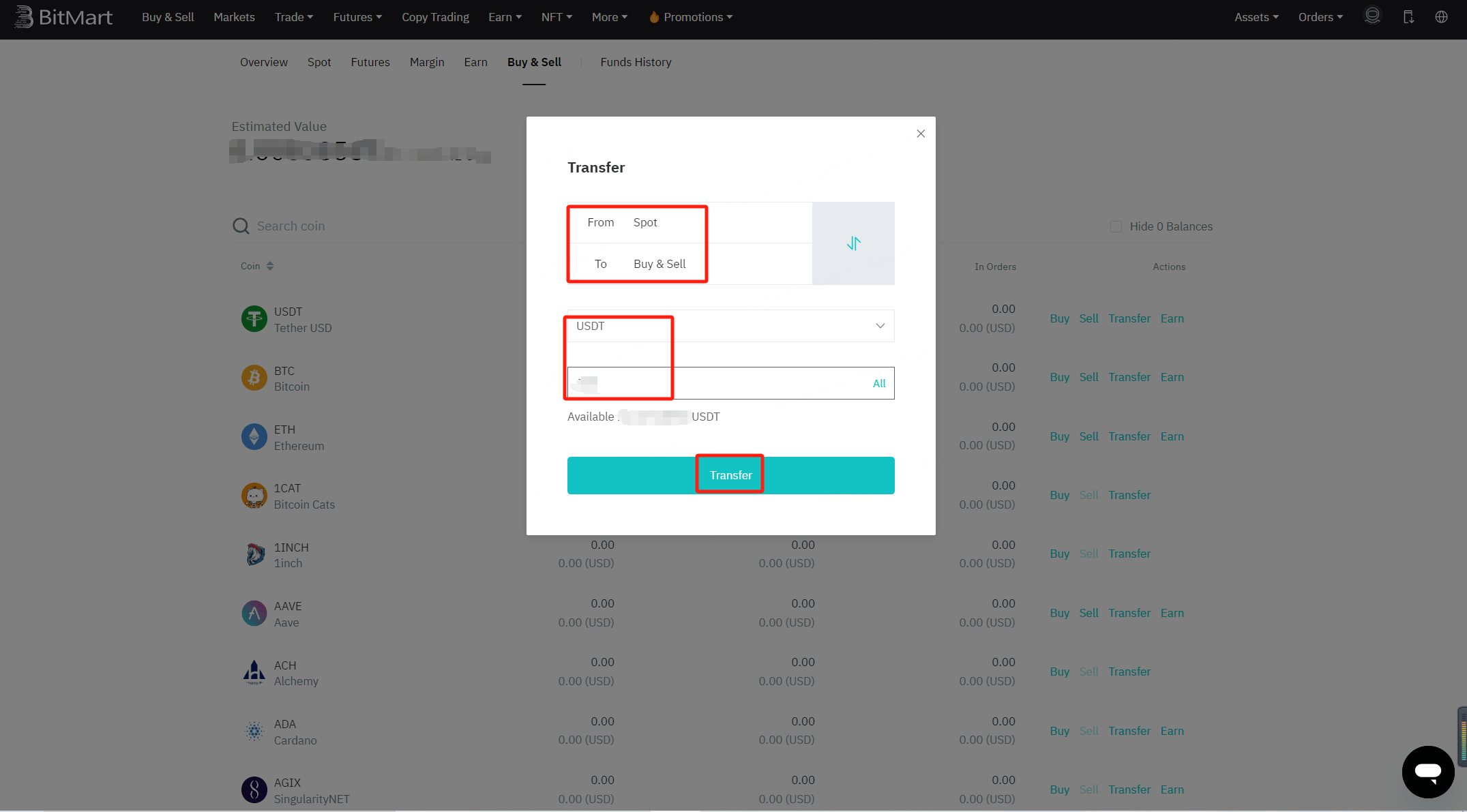 How to Transfer Assets from Spot Wallet to Funding Wallet BitMart