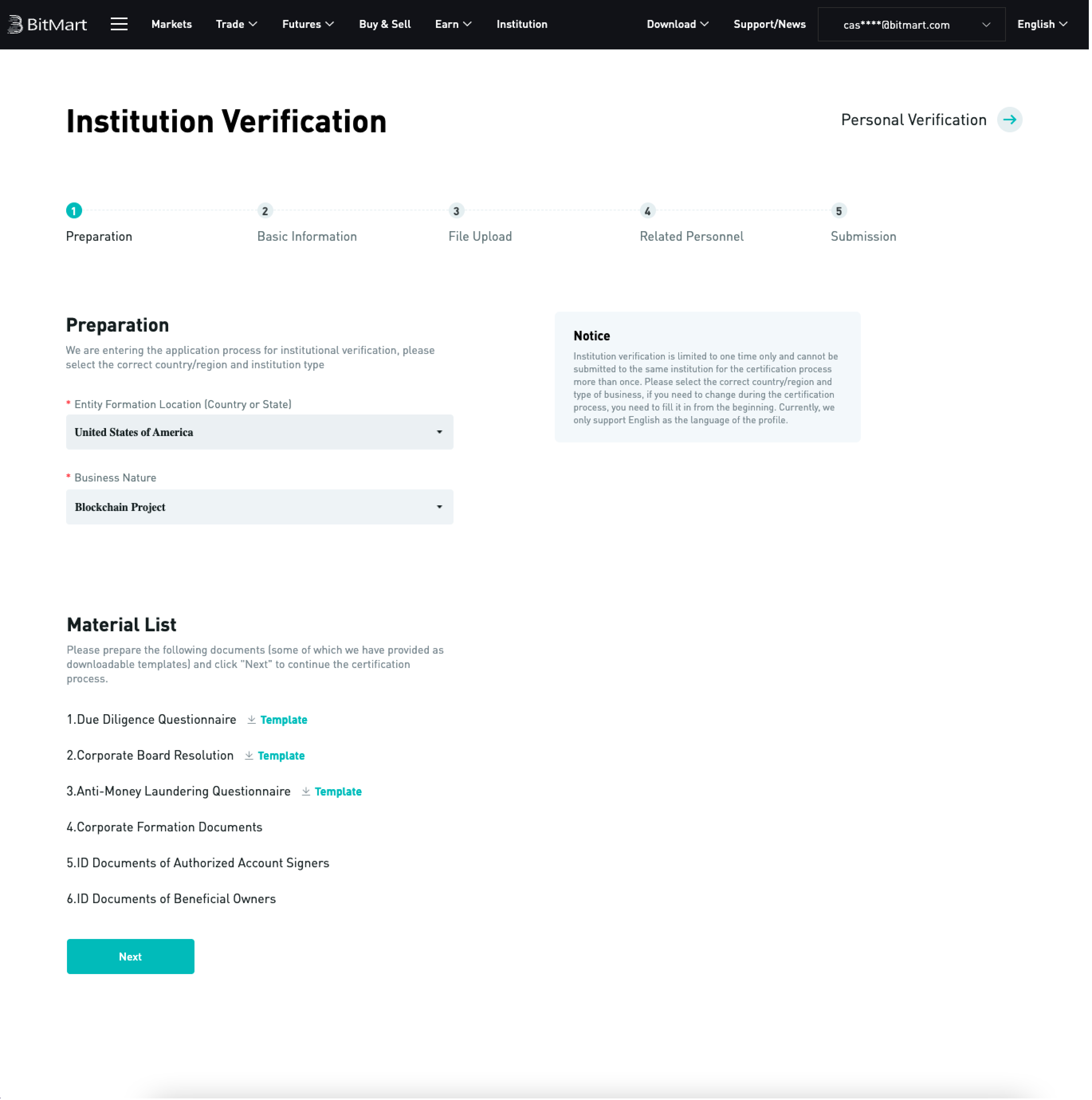 Institutional Account Verification Instruction BitMart