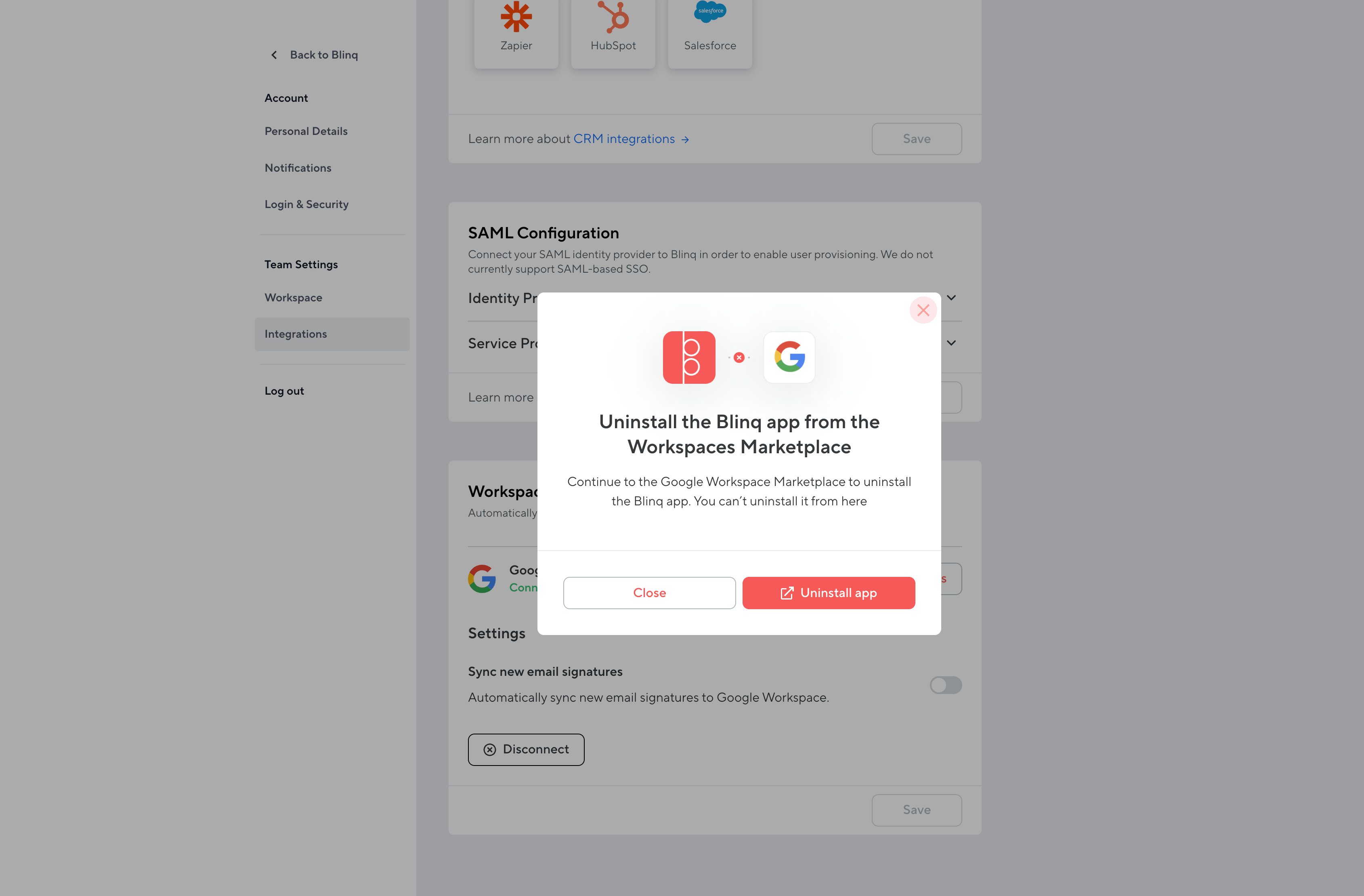 Disconnect an integration with Google Workspace Blinq