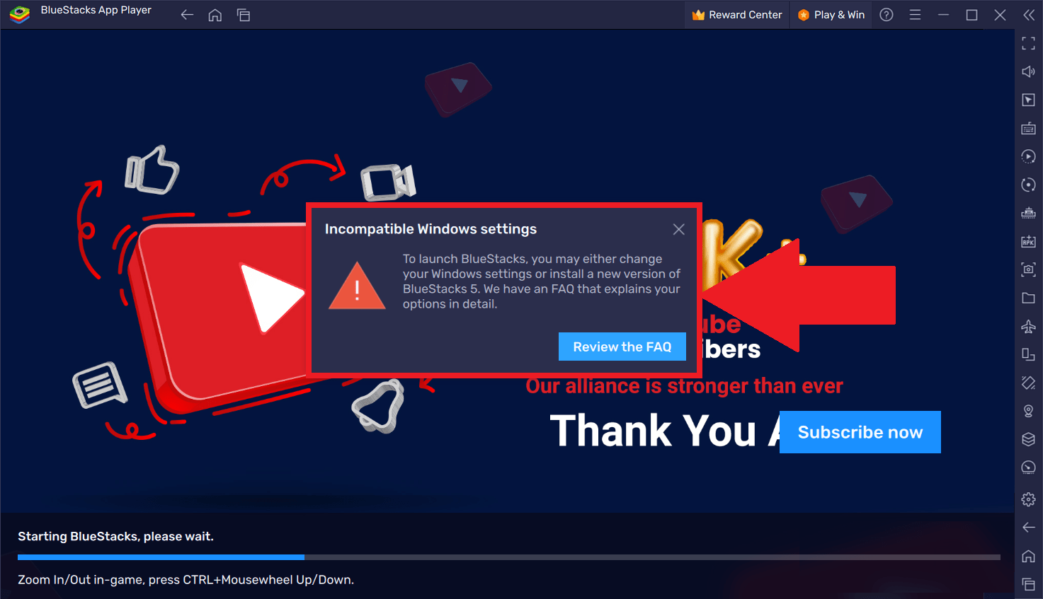 Lösung für "Inkompatible WindowsEinstellungen" in BlueStacks 5, wenn