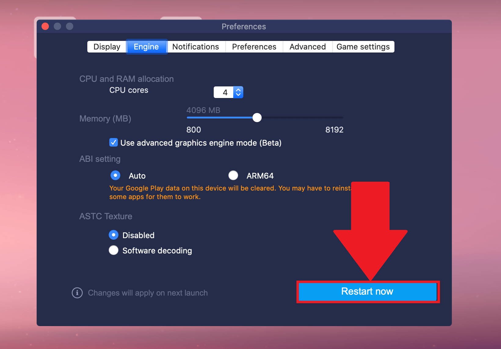 Wie kann ich den AdvancedGraphicsEngineModus in BlueStacks für macOS