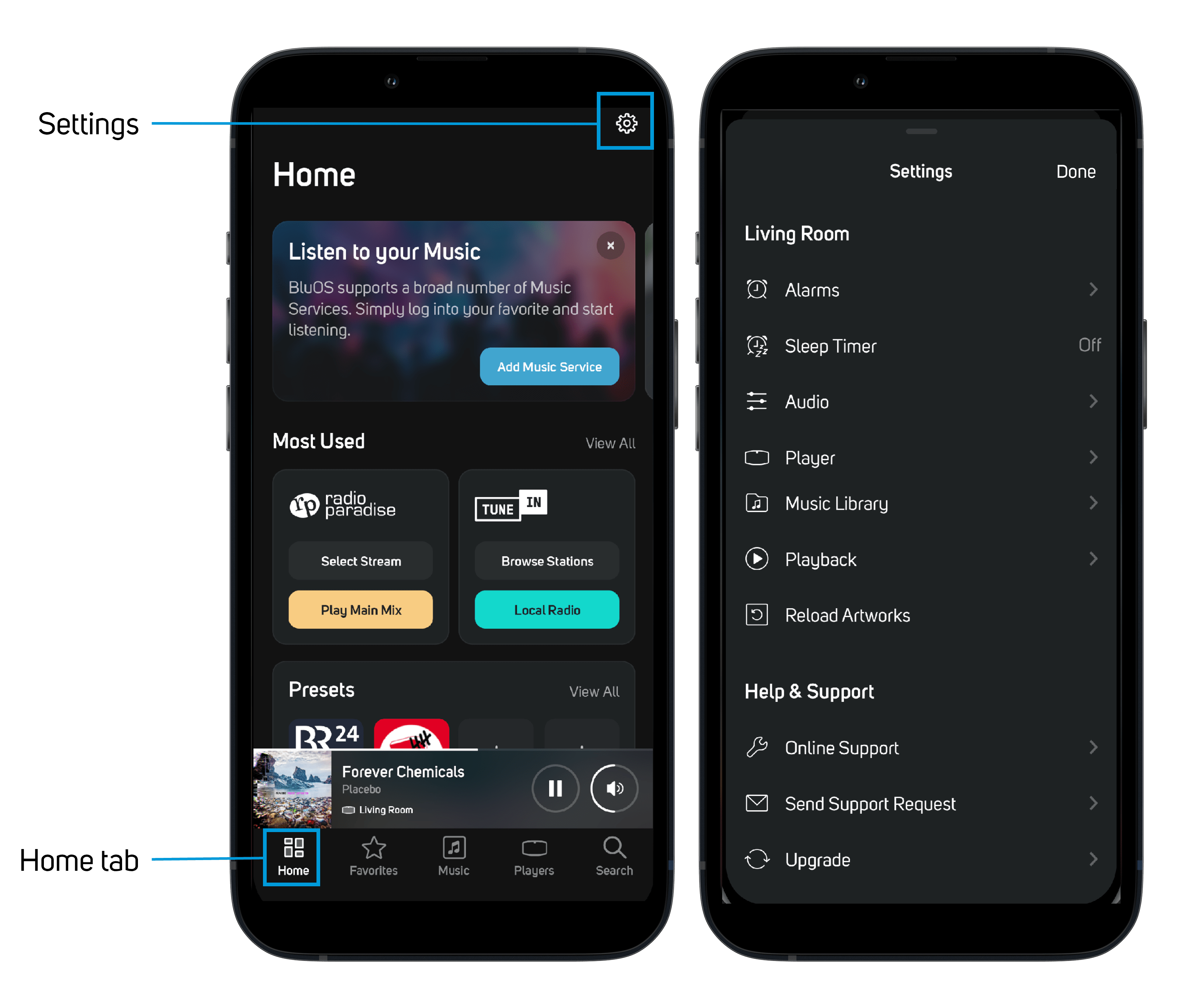 Navigating the Player Settings & Help menu in BluOS 4.0 The BluOS