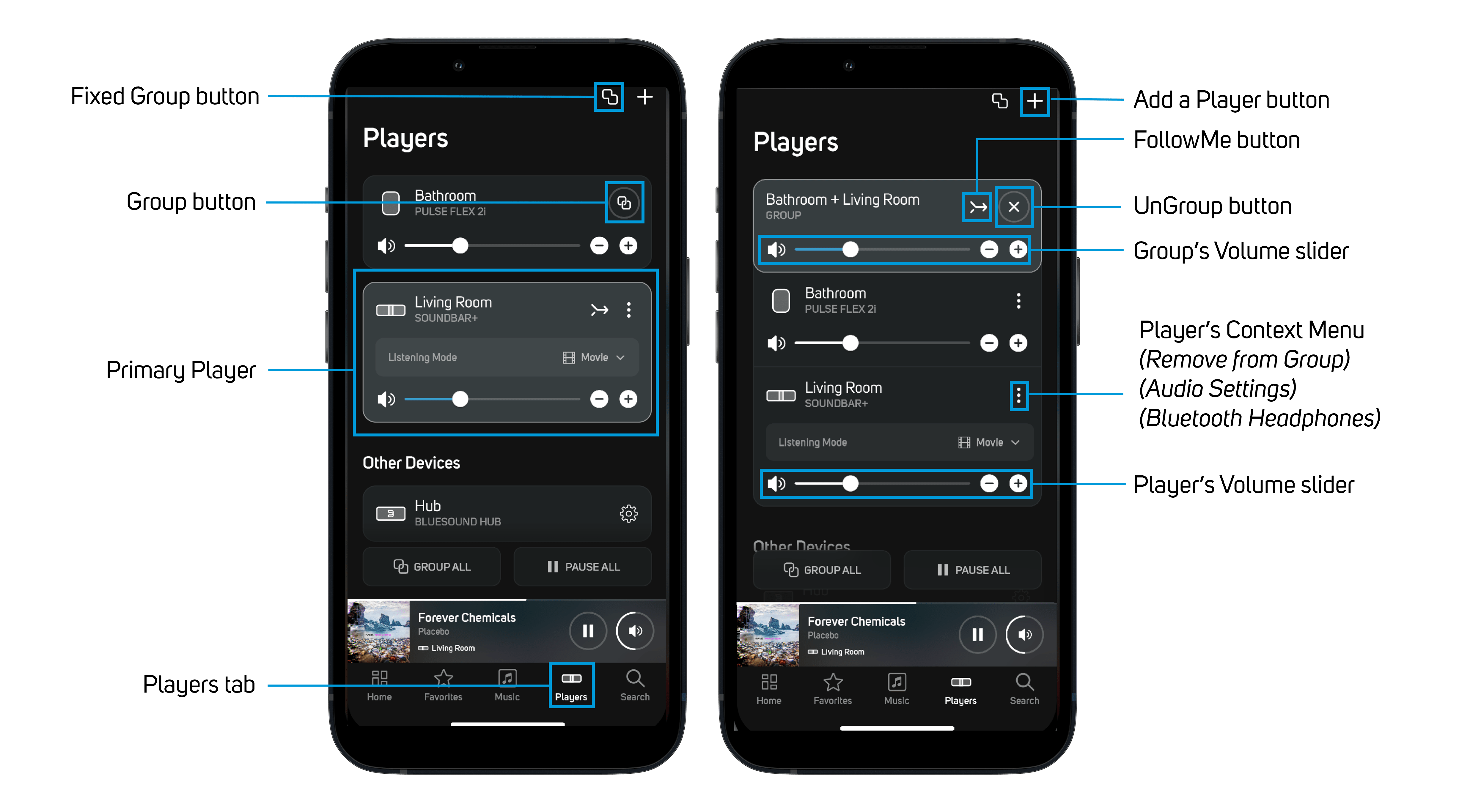 How do I view all my BluOS players in the BluOS Controller app