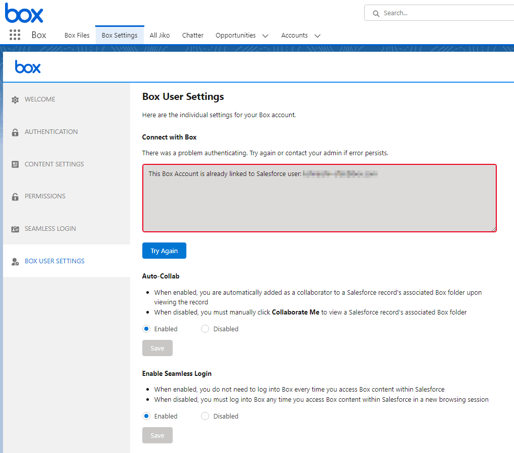 Box for Salesforce 「This Box Account is already linked to Salesforce