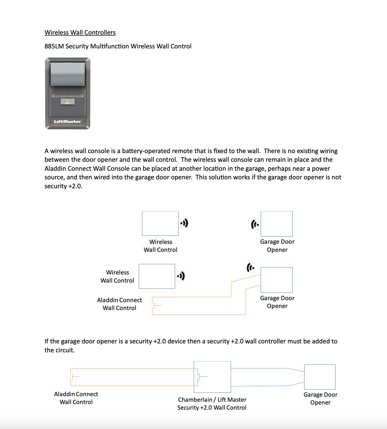 Additional instructions on connecting LiftMaster Security+ 2.0 Wall