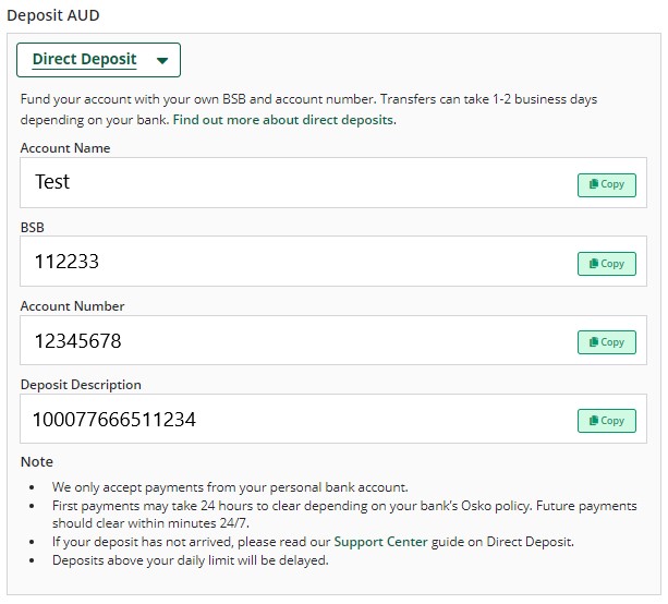 Direct Deposits using BSB and account number BTC Markets