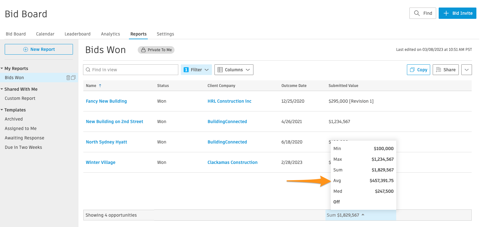 How subcontractors can create and manage custom reports (Bid Board Pro