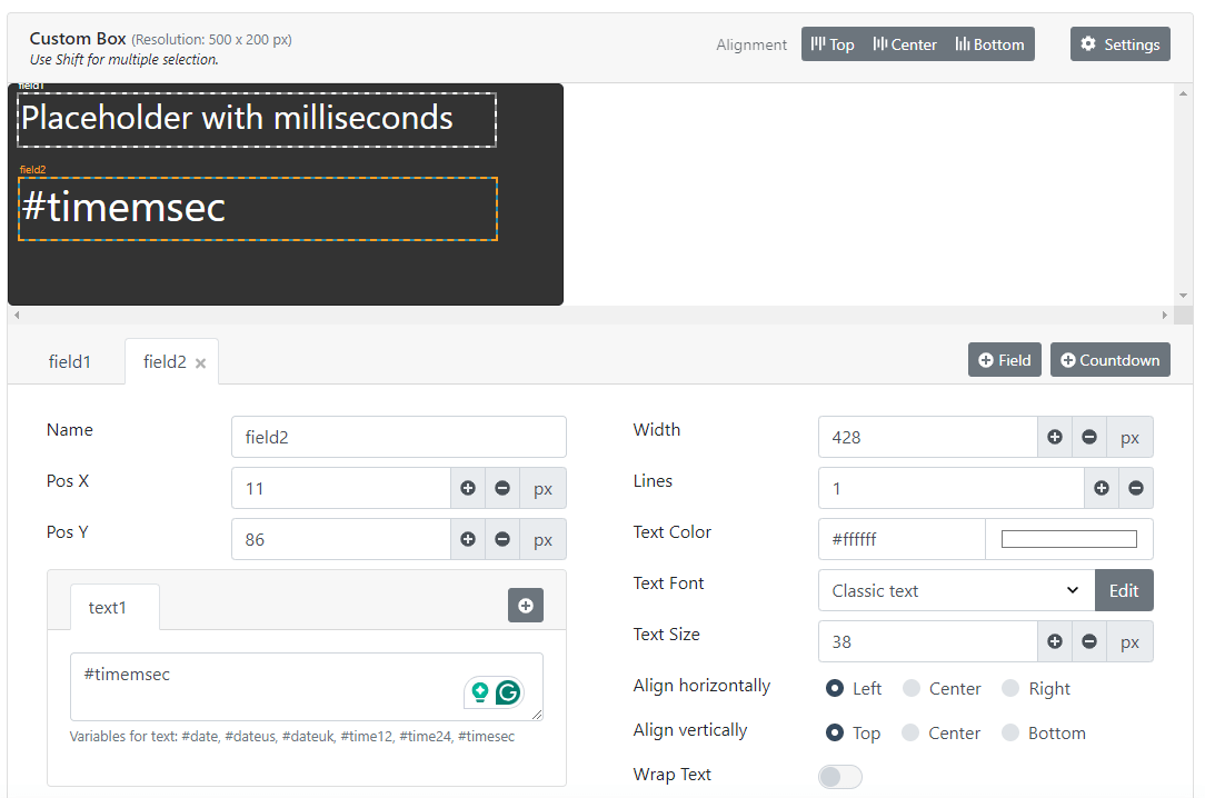 How to display milliseconds in Custom Graphics service CamStreamer