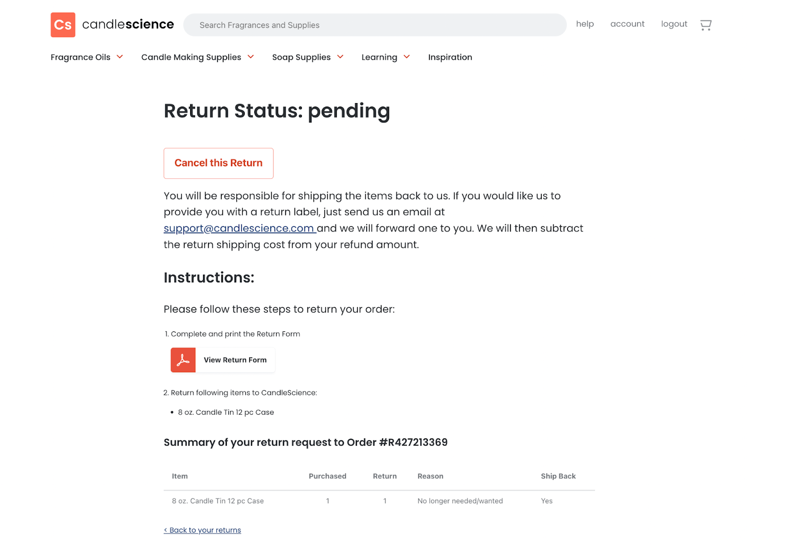 How do I return an item from my order? CandleScience Support