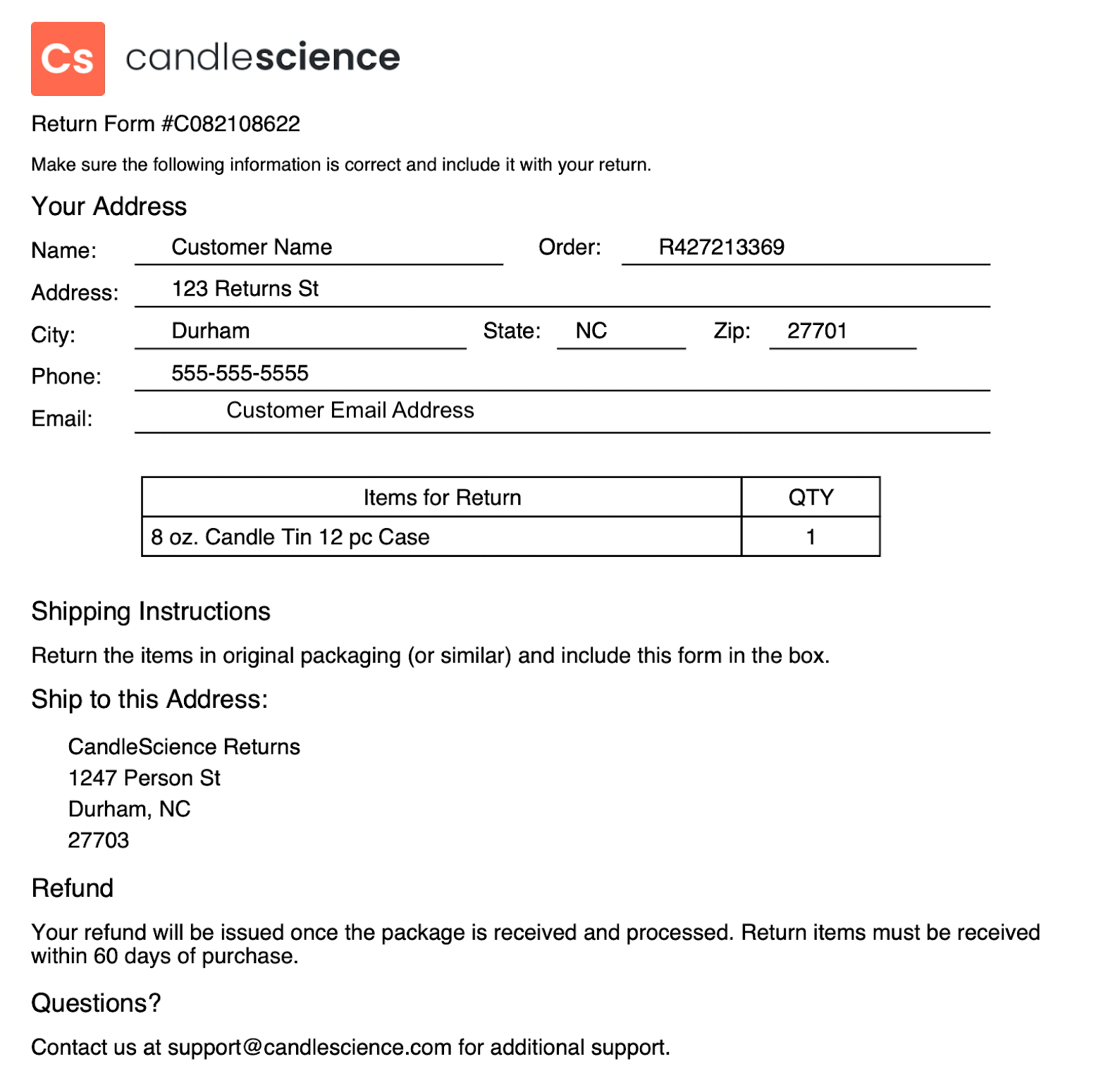 How do I return an item from my order? CandleScience Support