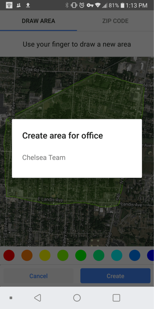 How do I create a new area in the Canvass App for Android? Canvass