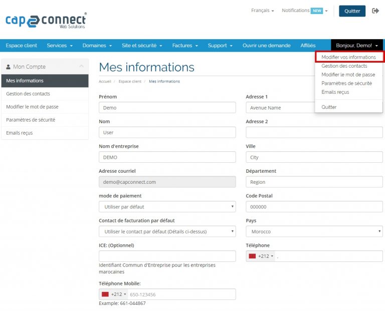 Comment modifier les informations de mon compte client?