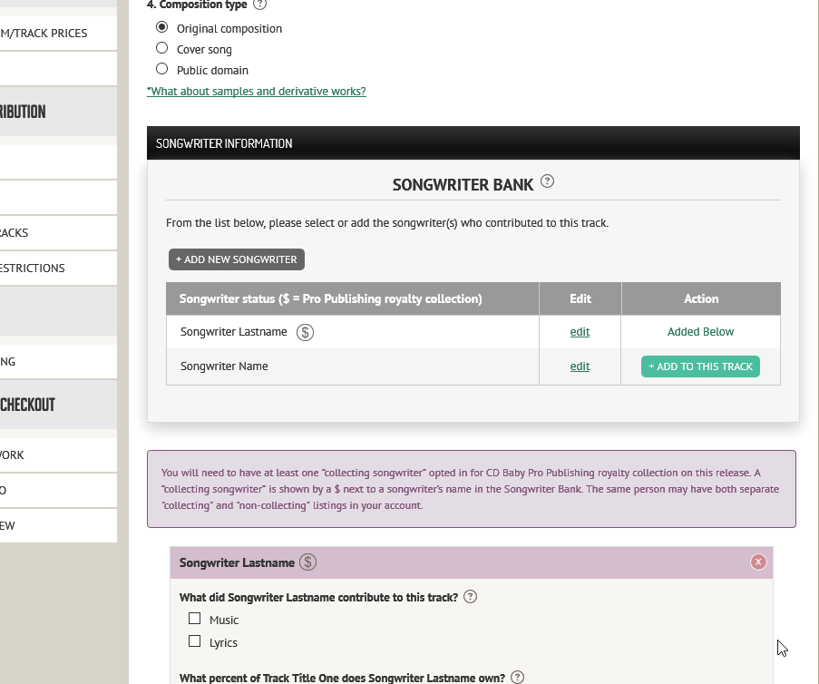 How do I add or edit songwriters on a legacy CD Baby Pro Publishing